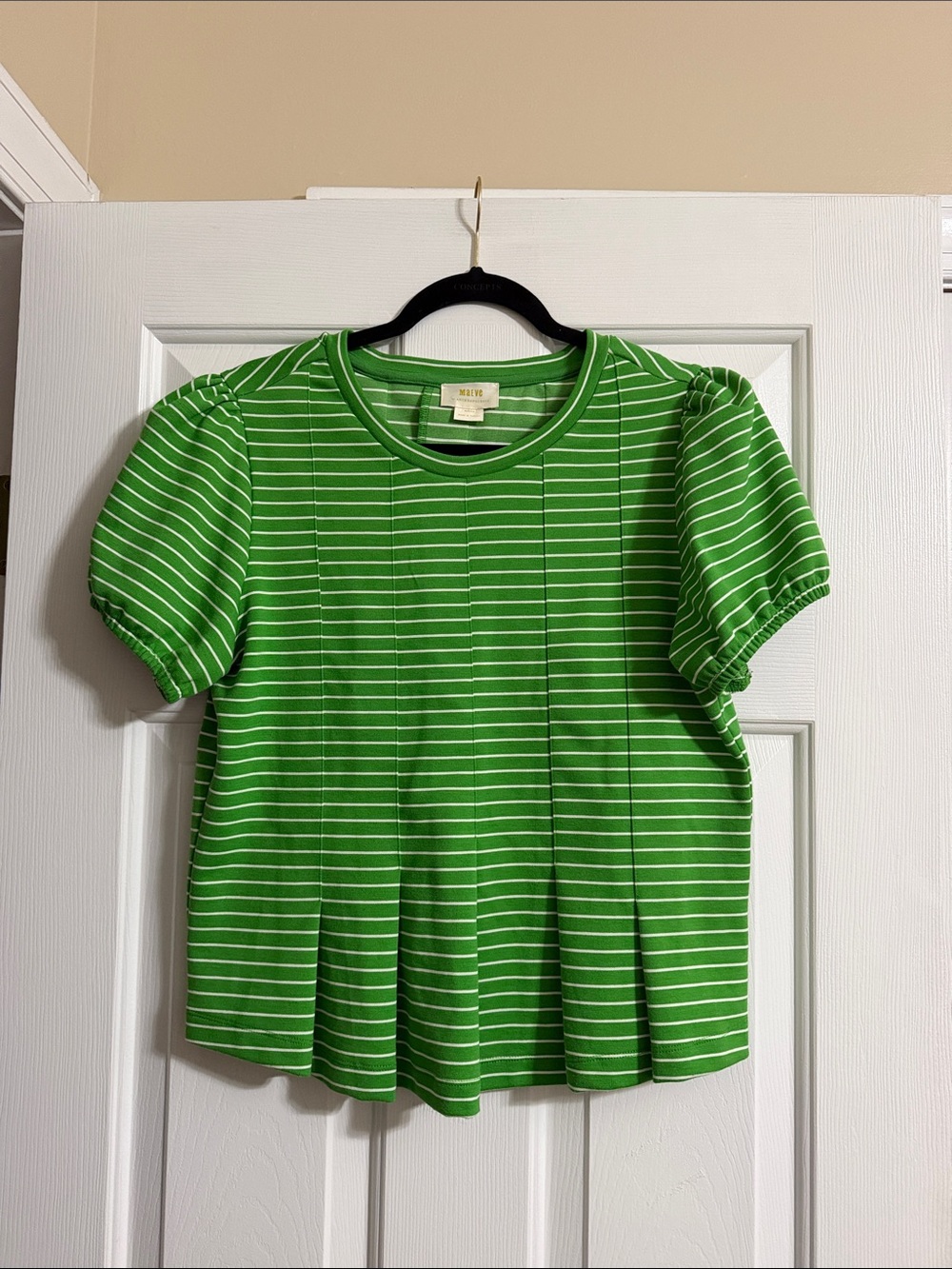 Maeve by Anthropologie Green and White Striped Puff Sleeve Flared Top Medium